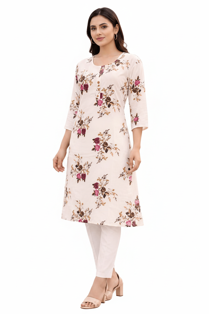 Marjeena Women's Off - White Floral Printed Cotton A - Line Kurti - Marjeena collection