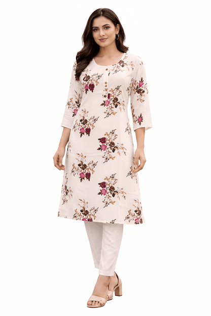 Marjeena Women's Off - White Floral Printed Cotton A - Line Kurti - Marjeena collection