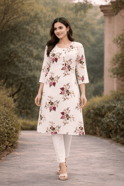 Marjeena Women's Off - White Floral Printed Cotton A - Line Kurti - Marjeena collection