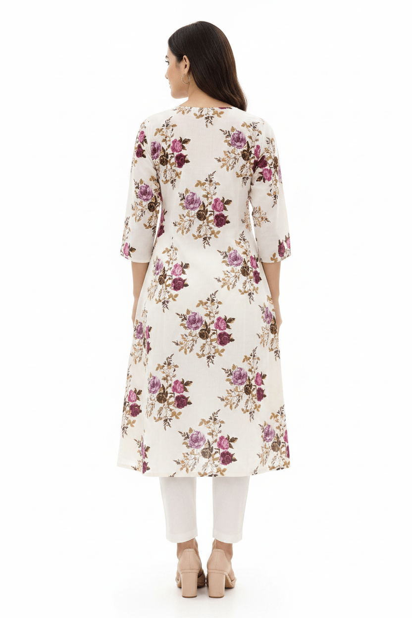 Marjeena Women's Off - White Floral Printed Cotton A - Line Kurti - Marjeena collection
