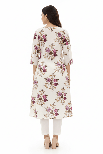Marjeena Women's Off - White Floral Printed Cotton A - Line Kurti - Marjeena collection