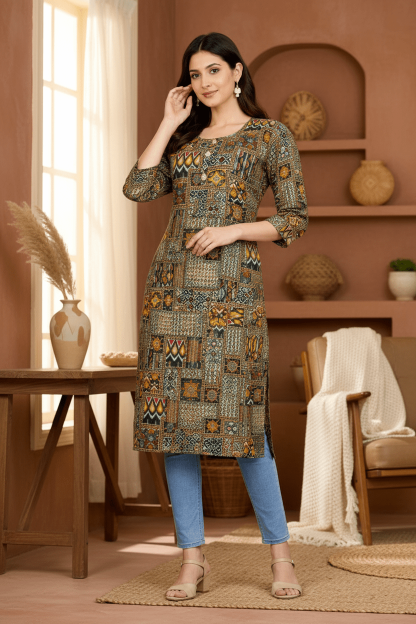 Marjeena Women's Olive & Brown Geometric Abstract Printed Cotton Kurti - Marjeena collection