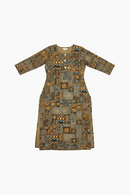 Marjeena Women's Olive & Brown Geometric Abstract Printed Cotton Kurti - Marjeena collection