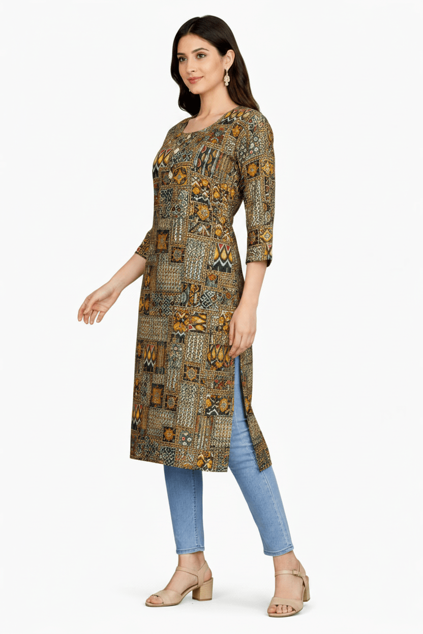 Marjeena Women's Olive & Brown Geometric Abstract Printed Cotton Kurti - Marjeena collection