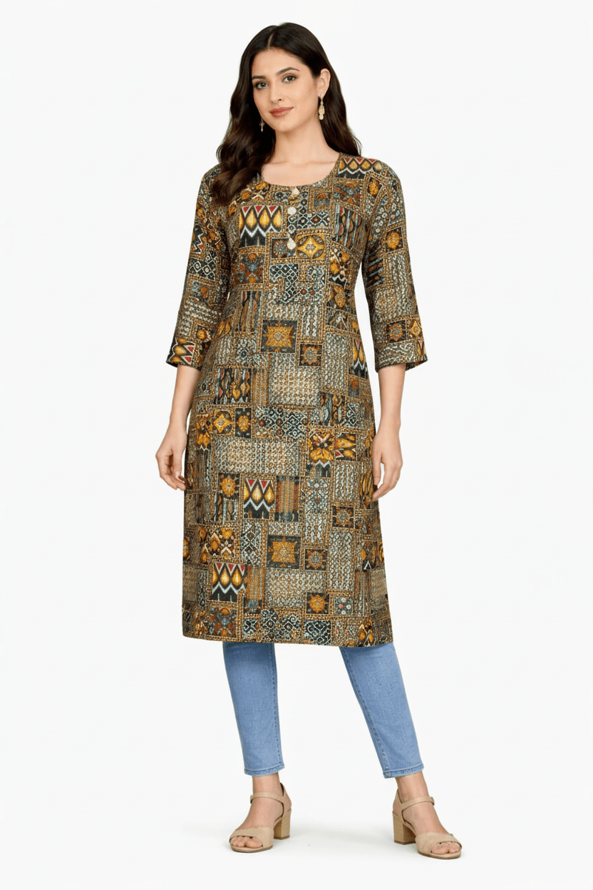 Marjeena Women's Olive & Brown Geometric Abstract Printed Cotton Kurti - Marjeena collection