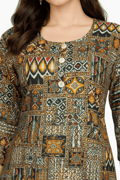 Marjeena Women's Olive & Brown Geometric Abstract Printed Cotton Kurti - Marjeena collection
