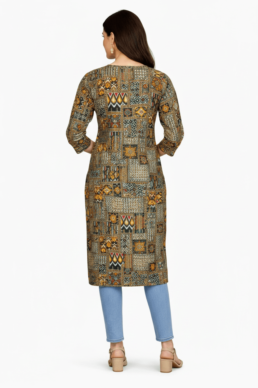 Marjeena Women's Olive & Brown Geometric Abstract Printed Cotton Kurti - Marjeena collection