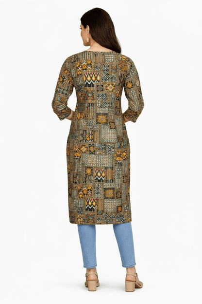Marjeena Women's Olive & Brown Geometric Abstract Printed Cotton Kurti - Marjeena collection