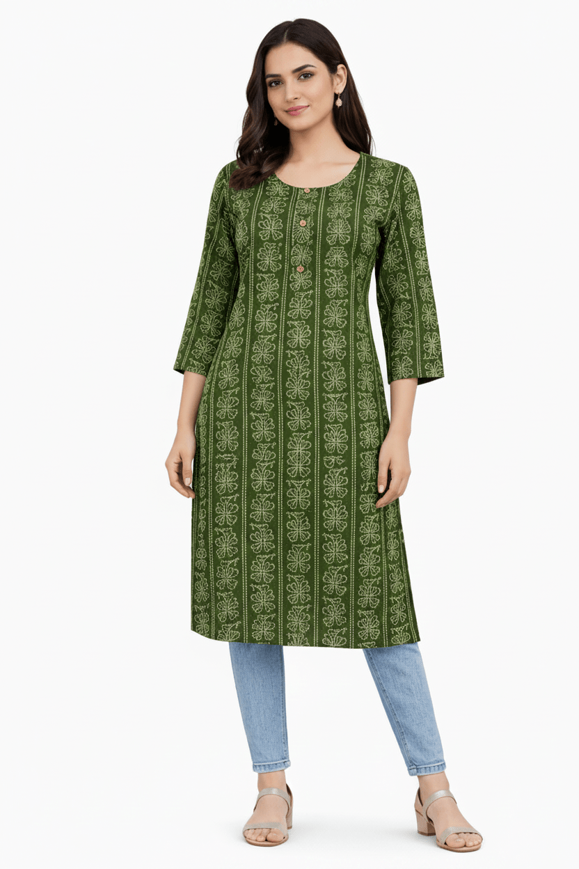 Marjeena Women's Olive Green Ethnic Printed Cotton Straight Kurti - Marjeena collection