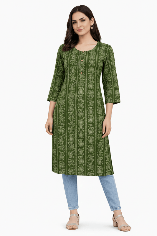 Marjeena Women's Olive Green Ethnic Printed Cotton Straight Kurti - Marjeena collection