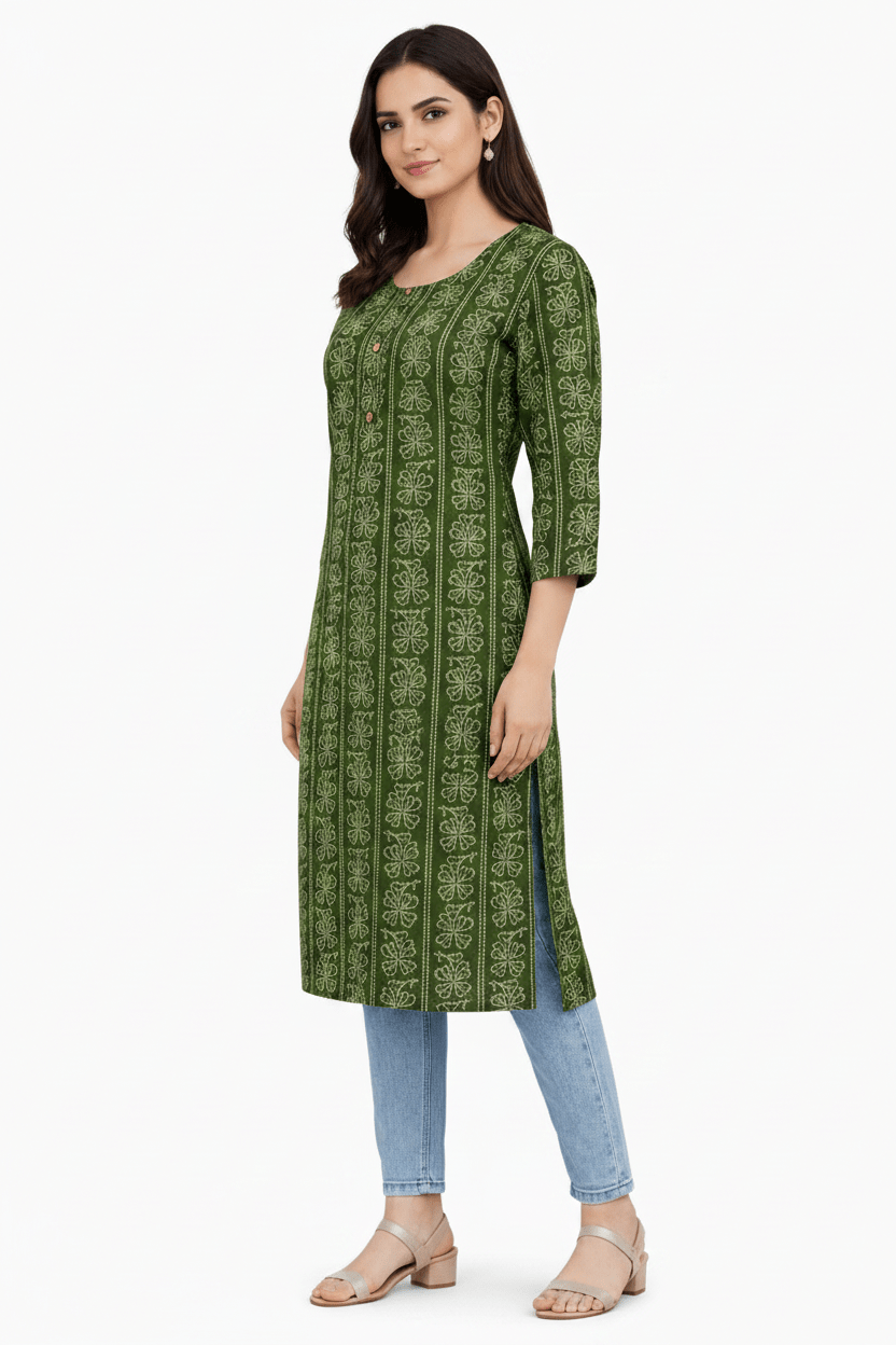 Marjeena Women's Olive Green Ethnic Printed Cotton Straight Kurti - Marjeena collection