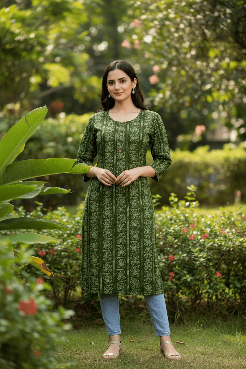 Marjeena Women's Olive Green Ethnic Printed Cotton Straight Kurti - Marjeena collection