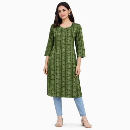 Marjeena Women's Olive Green Ethnic Printed Cotton Straight Kurti - Marjeena collection