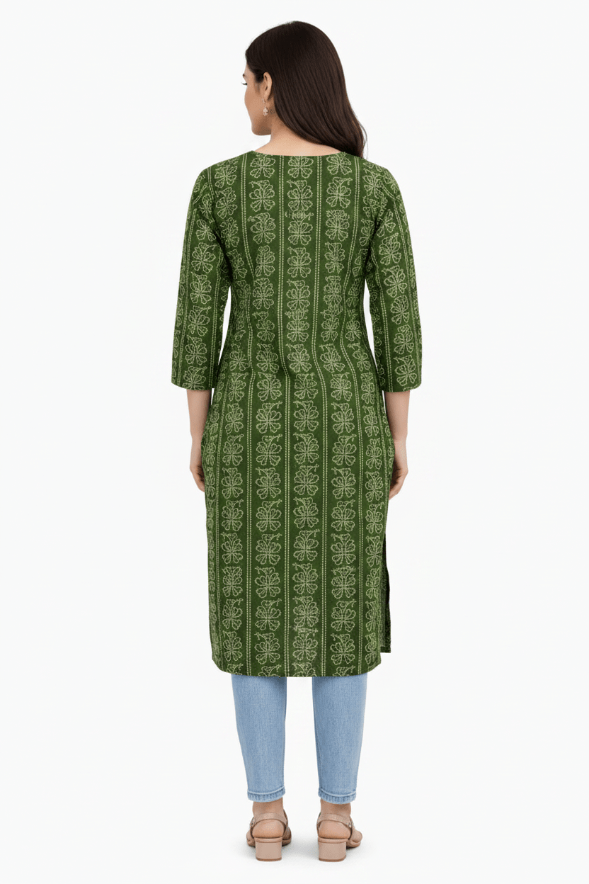 Marjeena Women's Olive Green Ethnic Printed Cotton Straight Kurti - Marjeena collection