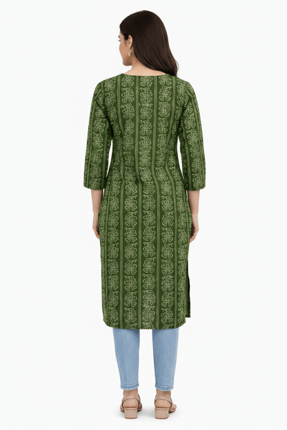 Marjeena Women's Olive Green Ethnic Printed Cotton Straight Kurti - Marjeena collection