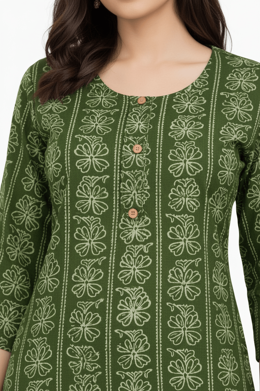 Marjeena Women's Olive Green Ethnic Printed Cotton Straight Kurti - Marjeena collection