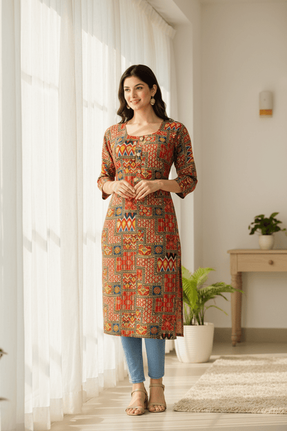 Marjeena Women's Rust Orange Geometric Abstract Printed Cotton Kurti - Marjeena collection
