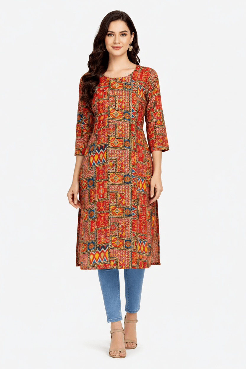 Marjeena Women's Rust Orange Geometric Abstract Printed Cotton Kurti - Marjeena collection