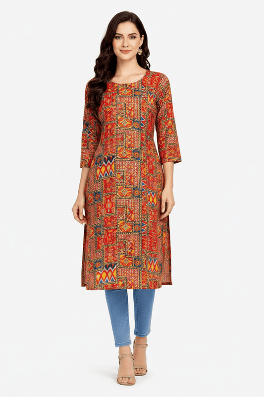 Marjeena Women's Rust Orange Geometric Abstract Printed Cotton Kurti - Marjeena collection