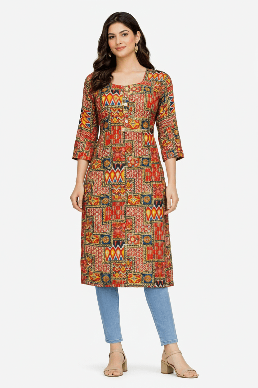 Marjeena Women's Rust Orange Geometric Abstract Printed Cotton Kurti - Marjeena collection
