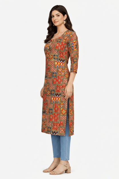 Marjeena Women's Rust Orange Geometric Abstract Printed Cotton Kurti - Marjeena collection