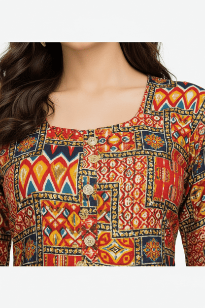 Marjeena Women's Rust Orange Geometric Abstract Printed Cotton Kurti - Marjeena collection