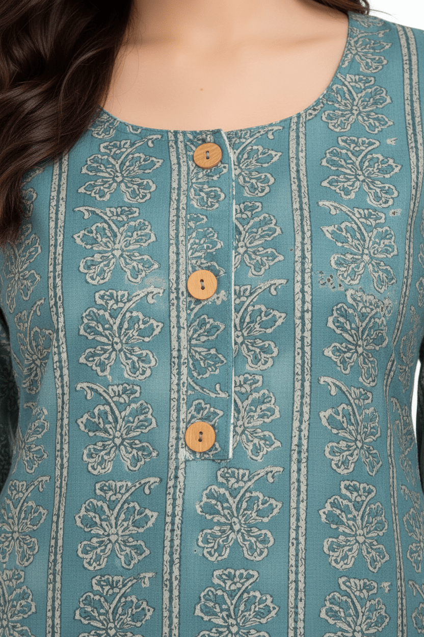 Marjeena Women's Teal Blue Ethnic Printed Straight Cotton Kurti - Marjeena collection