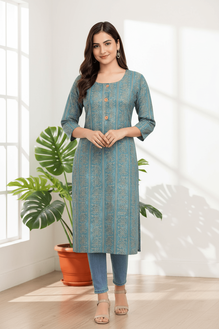 Marjeena Women's Teal Blue Ethnic Printed Straight Cotton Kurti - Marjeena collection