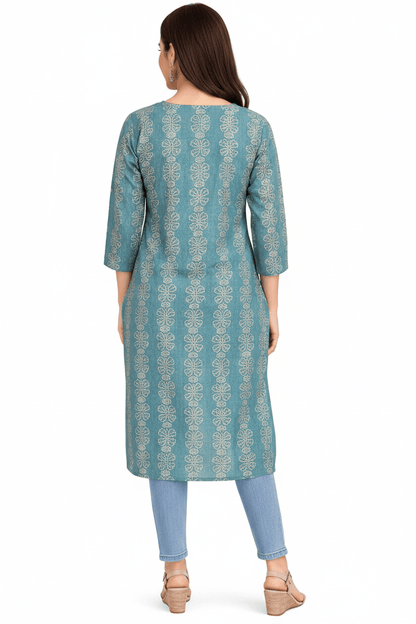 Marjeena Women's Teal Blue Ethnic Printed Straight Cotton Kurti - Marjeena collection