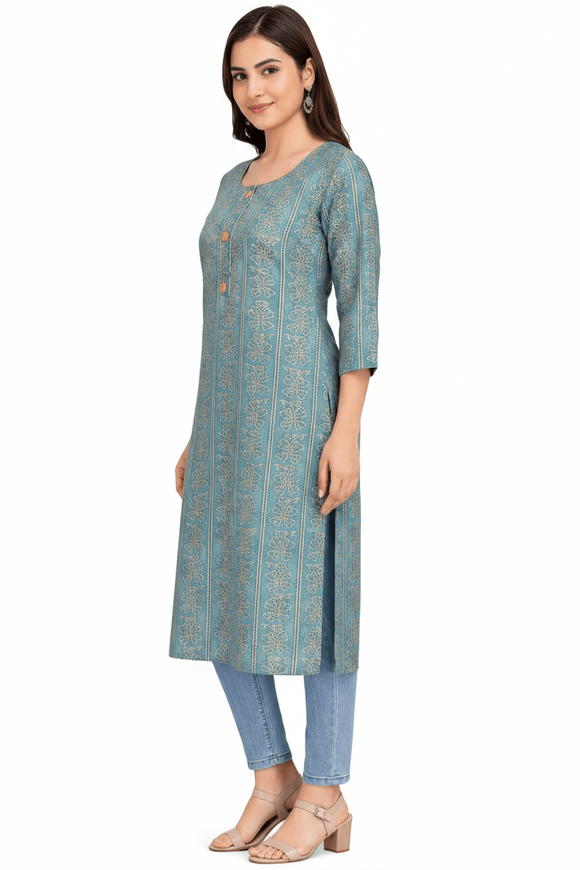 Marjeena Women's Teal Blue Ethnic Printed Straight Cotton Kurti - Marjeena collection