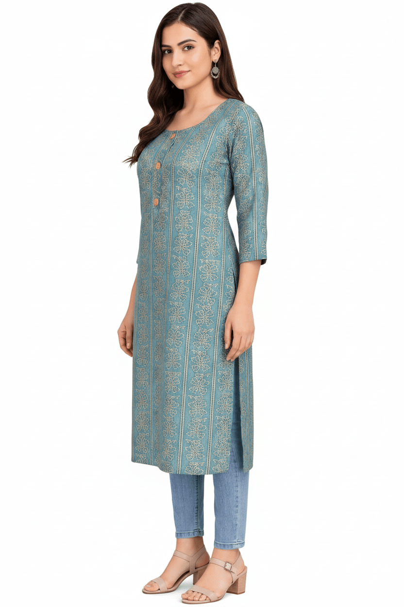 Marjeena Women's Teal Blue Ethnic Printed Straight Cotton Kurti - Marjeena collection