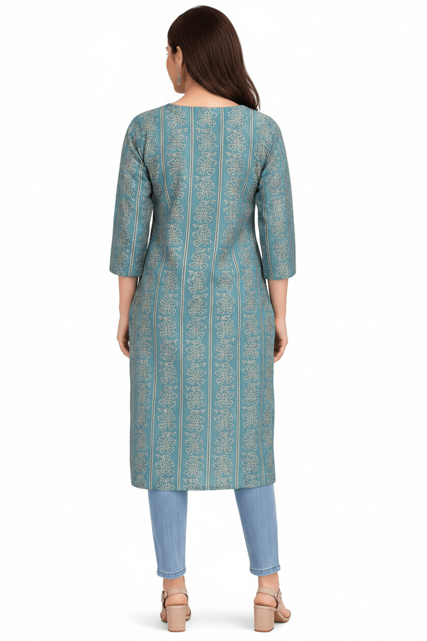Marjeena Women's Teal Blue Ethnic Printed Straight Cotton Kurti - Marjeena collection