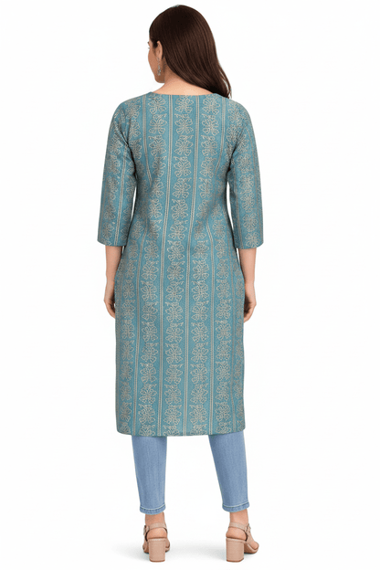 Marjeena Women's Teal Blue Ethnic Printed Straight Cotton Kurti - Marjeena collection