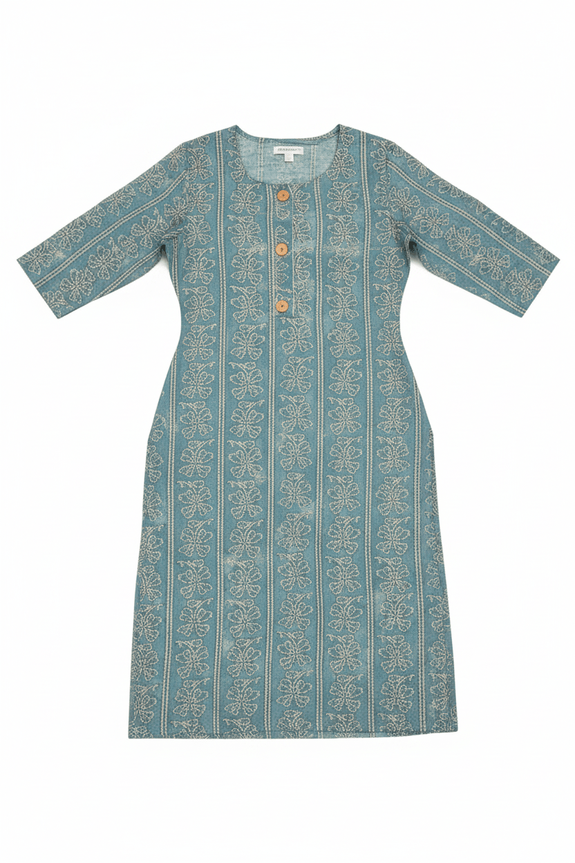 Marjeena Women's Teal Blue Ethnic Printed Straight Cotton Kurti - Marjeena collection