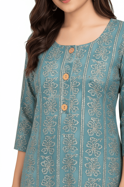 Marjeena Women's Teal Blue Ethnic Printed Straight Cotton Kurti - Marjeena collection