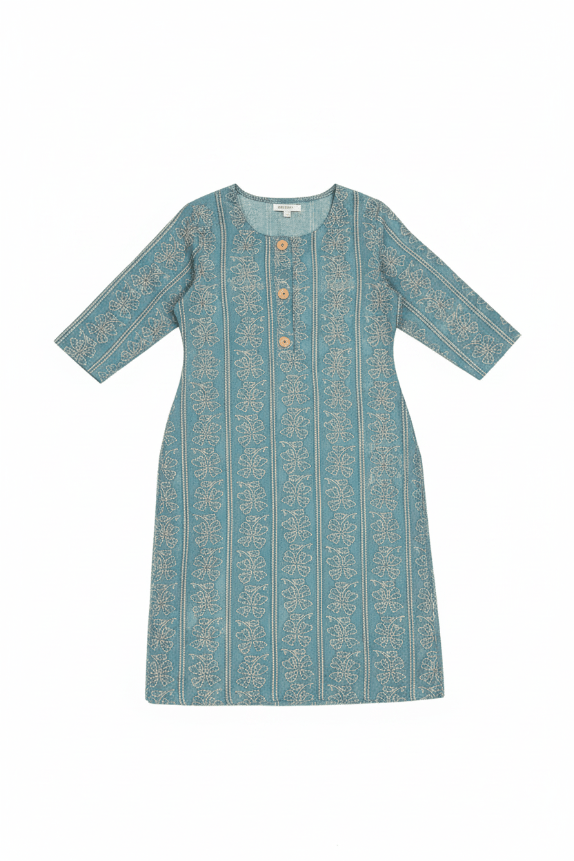 Marjeena Women's Teal Blue Ethnic Printed Straight Cotton Kurti - Marjeena collection