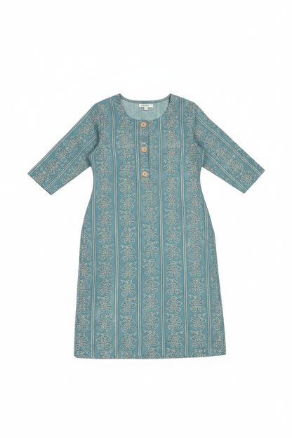 Marjeena Women's Teal Blue Ethnic Printed Straight Cotton Kurti - Marjeena collection