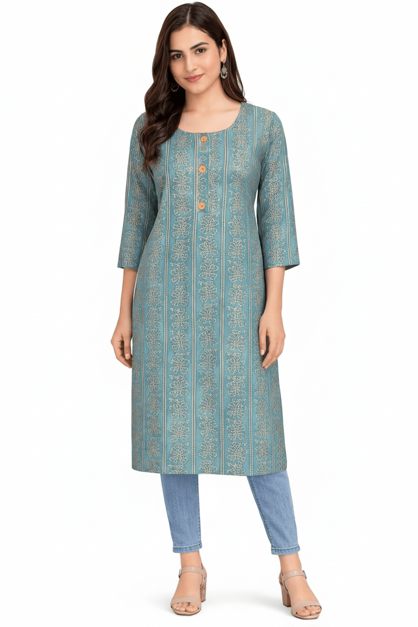 Marjeena Women's Teal Blue Ethnic Printed Straight Cotton Kurti - Marjeena collection