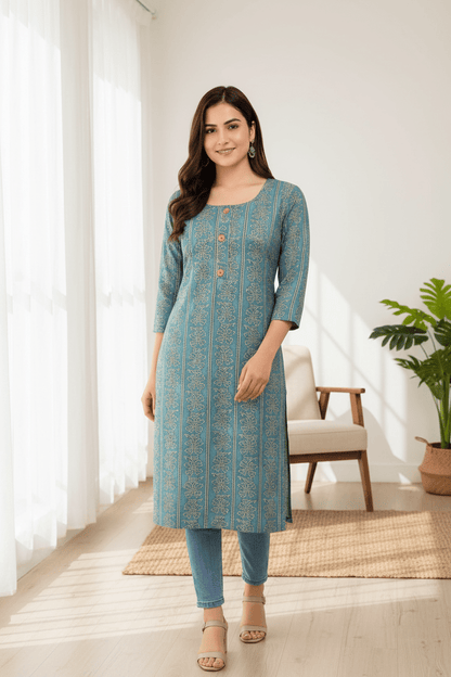 Marjeena Women's Teal Blue Ethnic Printed Straight Cotton Kurti - Marjeena collection