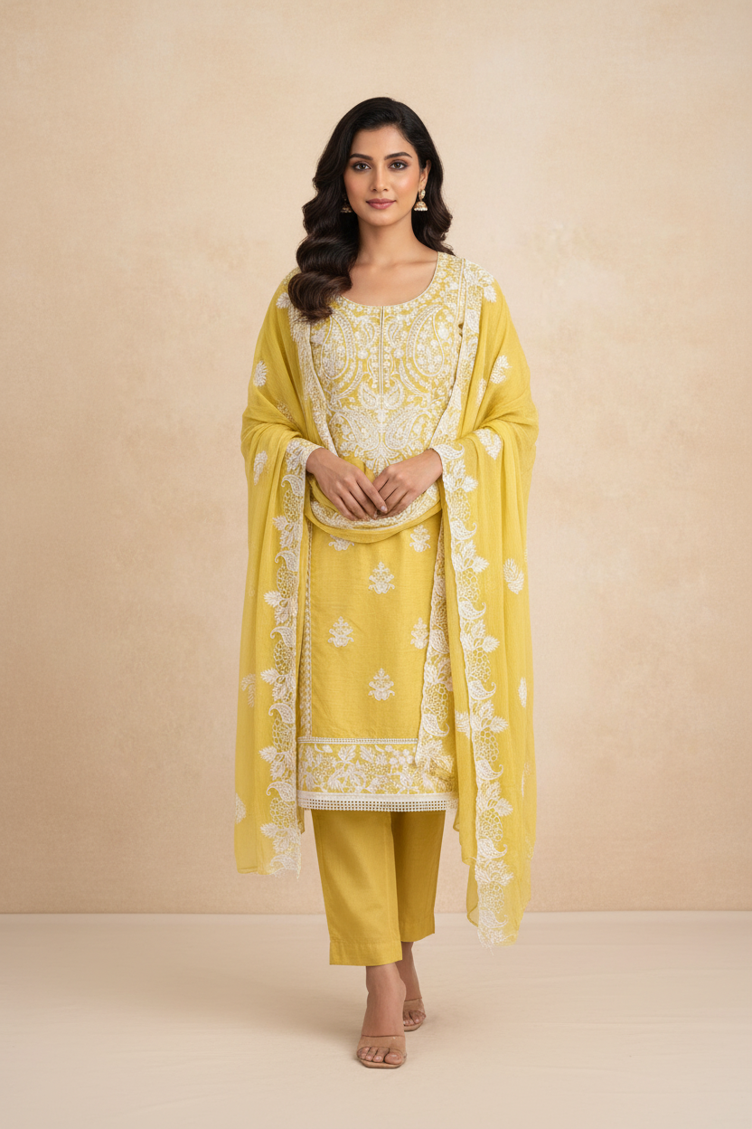Mustard Yellow – Model Wearing Chikankari Suit